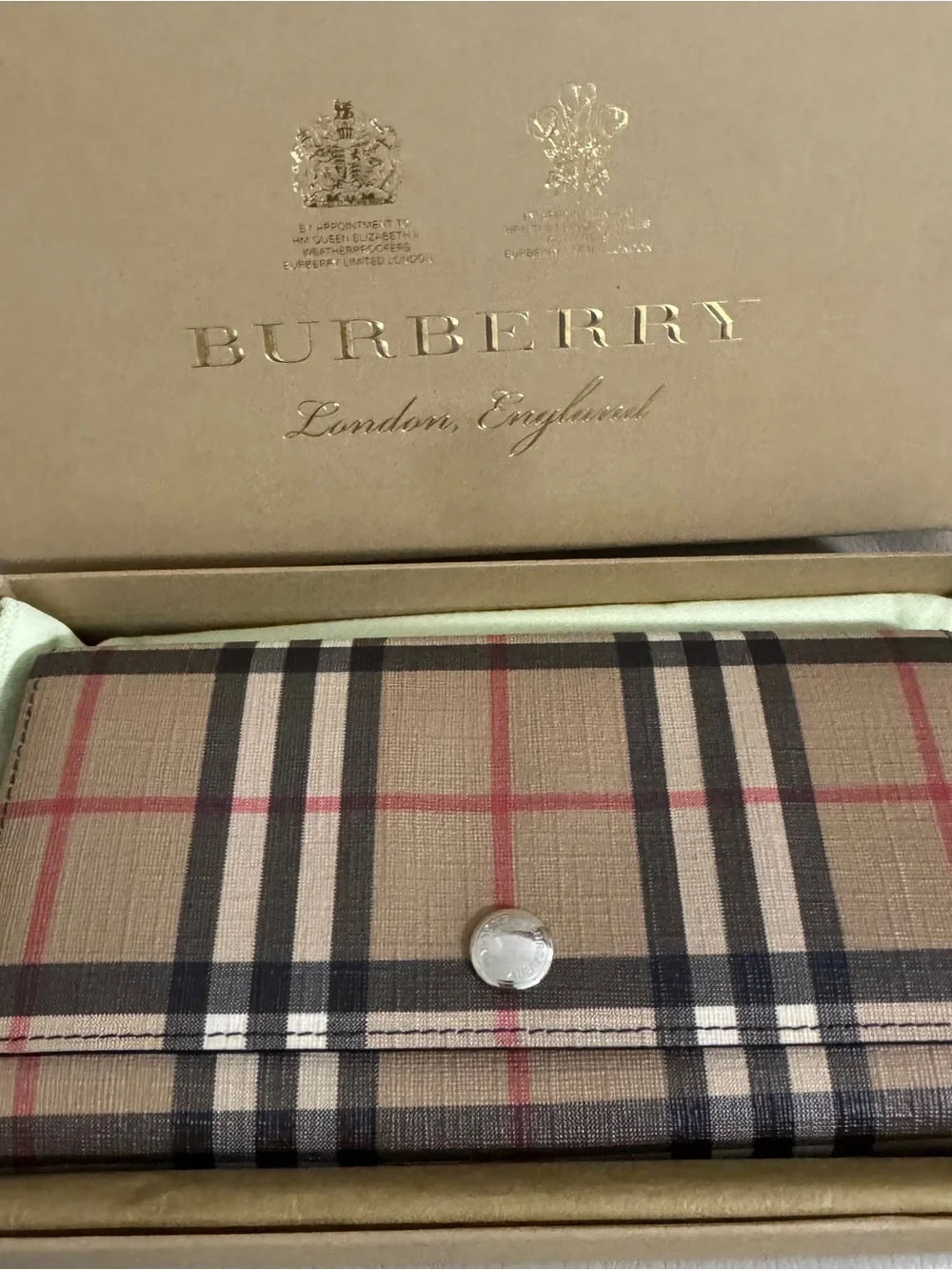 Burberry Vintage check long wallet brown canvas leather. 7.5”x 3.7”